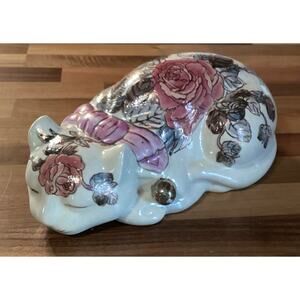 VTG Roses Enamel Chinese Cloisonne Hand Painted Gold Trim Sleeping Cat Tattoo